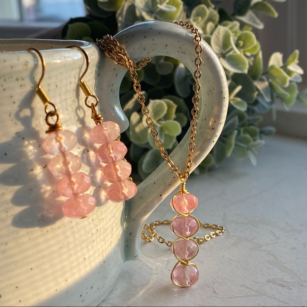 Cherry Quartz Jewelry set Pendant Necklace Dangle Earrings crystal jewelry - Picture 5 of 9